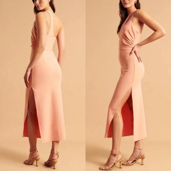 NWT Abercrombie Asymmetrical Peach Bodycon Midi Dress - Picture 2 of 7